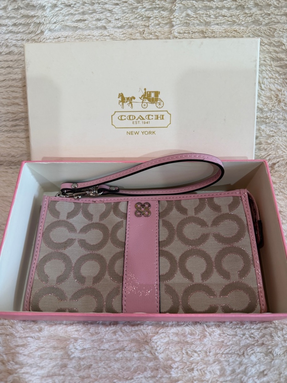 Coach Beige Signature Canvas Wristlet with Pink Trim